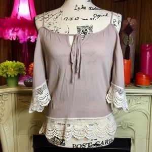 Towne Cold Shoulder Silk and Lace Boho Top